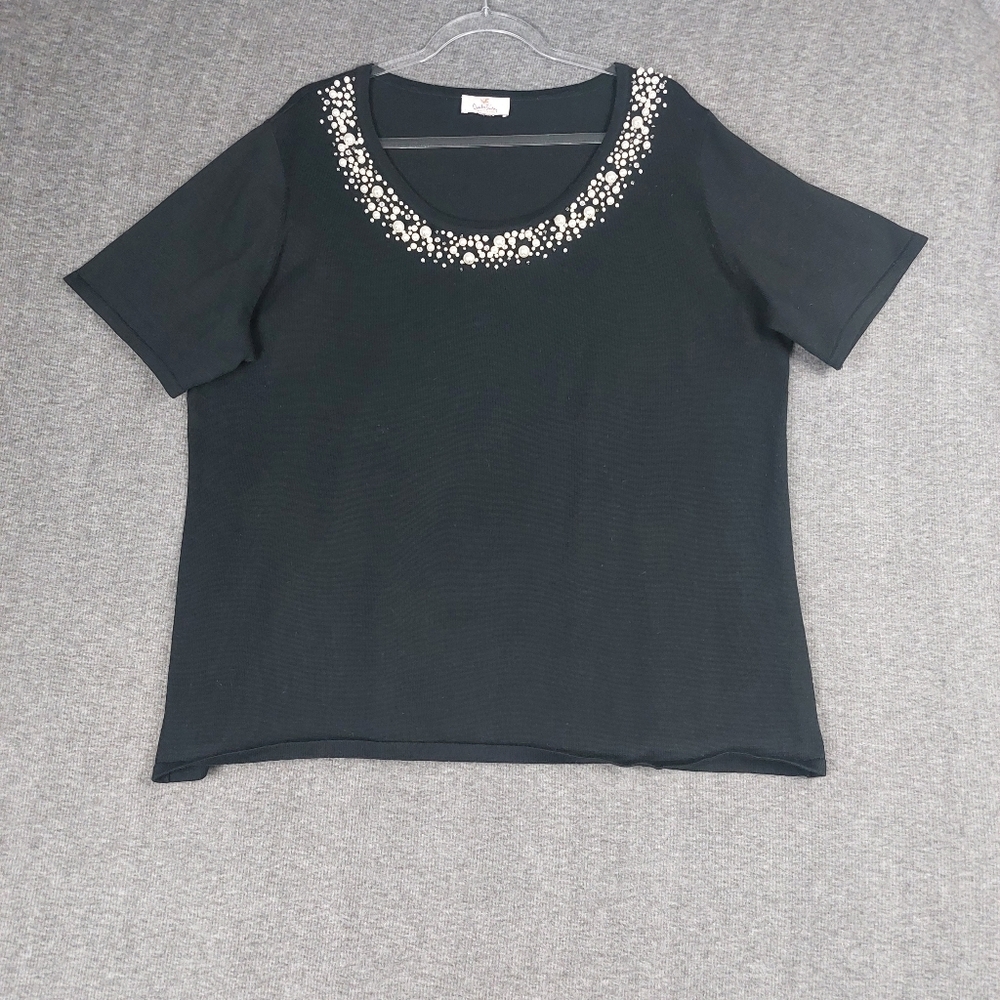 QUACKER FACTORY WOMENS BLACK PEARL EMBELLISHED SHORT SLEEVE GLAM SWEATER SIZE XL